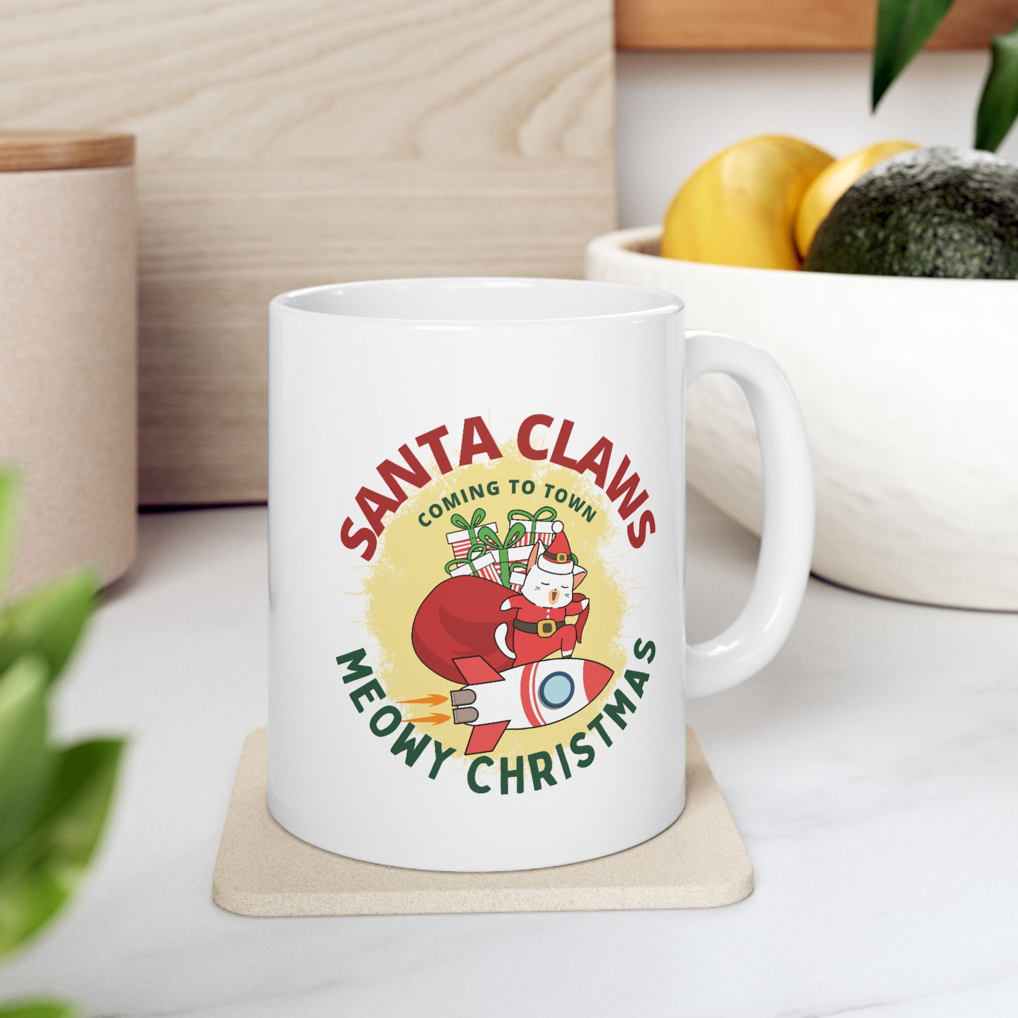 Santa Paws Meowy Christmas Mug - Cute Cat Holiday Coffee Mug For Cats Lover (11oz)